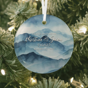 Xmas Mountain Winter Hiking Couple Engagement Blue Glass Tree Decoration