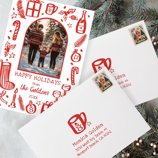 Xmas Mug Doodle CHRISTMAS Holiday CUSTOM Address Envelope (Cute Xmas Mug Doodle CHRISTMAS Holiday CUSTOM Address Envelope Red White Hand-drawn w matching card
)