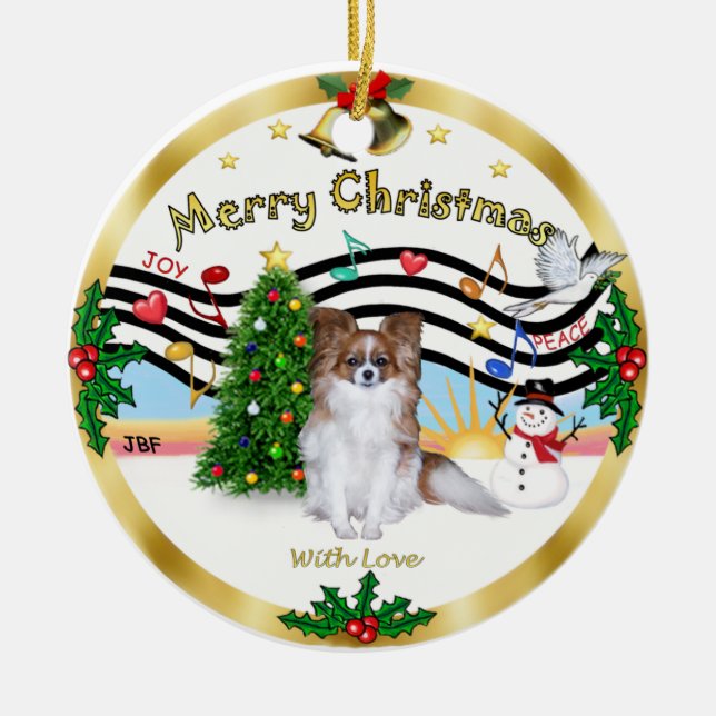 Xmas Music 1 - Papillon (fawn) Ceramic Tree Decoration (Front)
