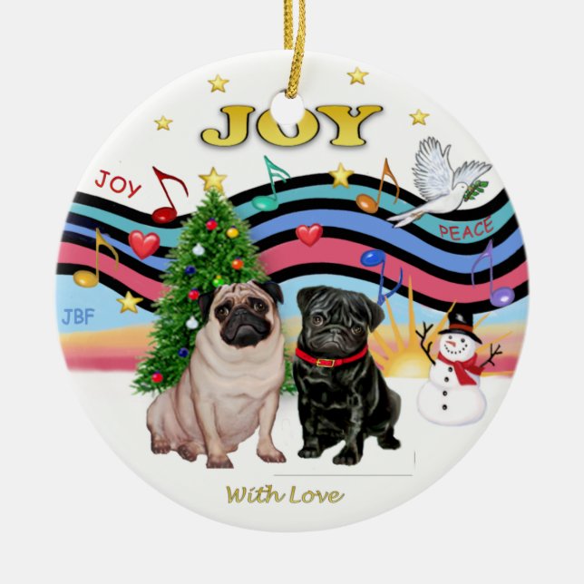 Xmas Music 1 - Two Pugs Ceramic Tree Decoration (Front)