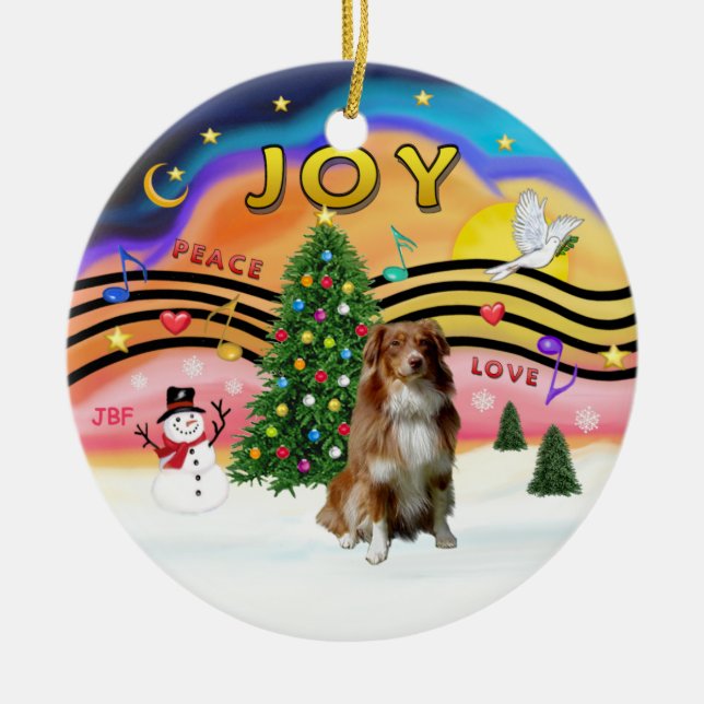 Xmas Music 2 - Aussie Shepherd (red) Ceramic Ornament (Front)