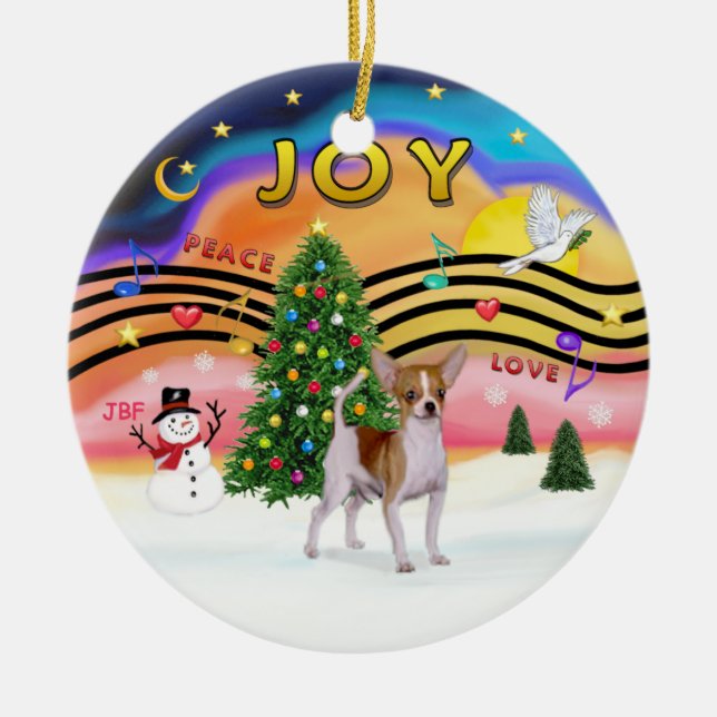 Xmas Music 2 - Chihuahua (brown-white) Ceramic Ornament (Front)