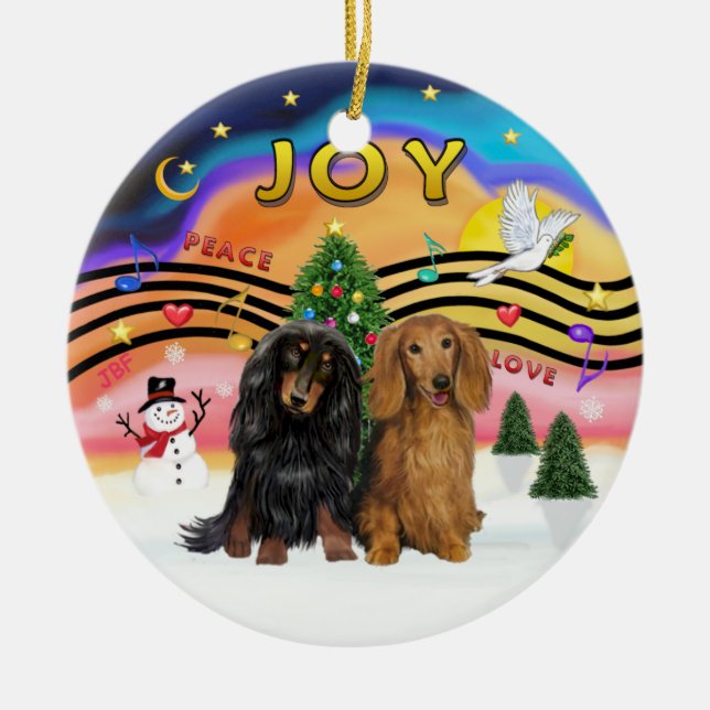 Xmas Music 2 - Dachshund (two long  haired) Ceramic Tree Decoration (Front)