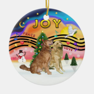 Xmas Music 2 - Golden Retrievers (TWO) Ceramic Tree Decoration