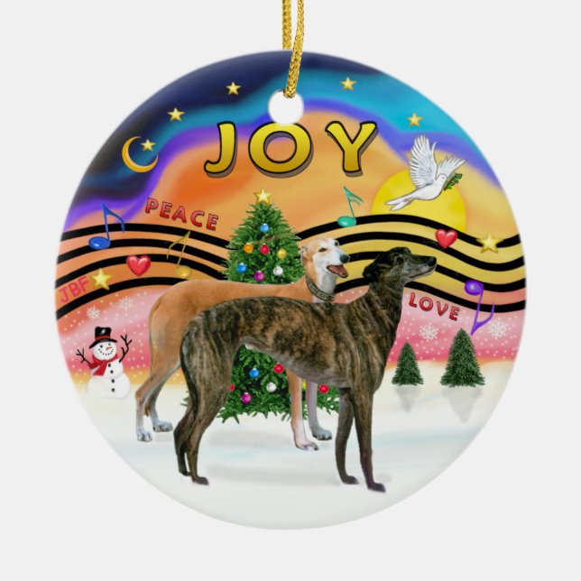 Xmas Music 2 - Greyhounds (TWO) Ceramic Tree Decoration (Front)