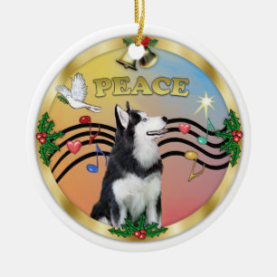 Xmas Music 3 - PEACE - Siberian Husky 1 Ceramic Tree Decoration