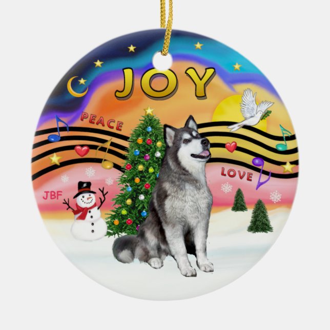 Xmas Music - Alaskan Malamute Ceramic Tree Decoration (Front)