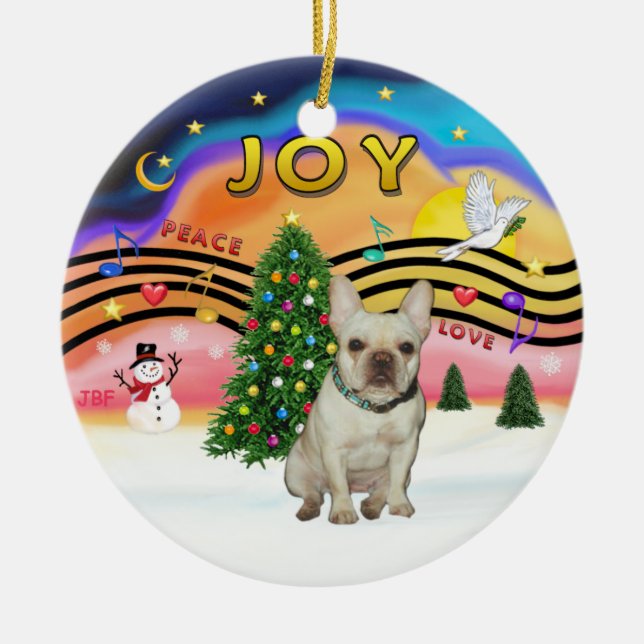 Xmas Music - French Bulldog (fawn) Ceramic Tree Decoration (Front)