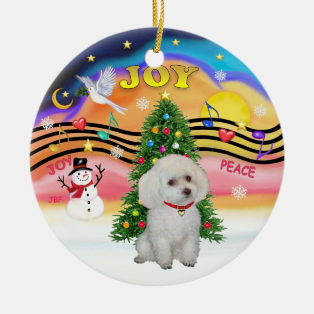 Xmas Music  - White Miniature/Toy Poodle Ceramic Tree Decoration (Front)