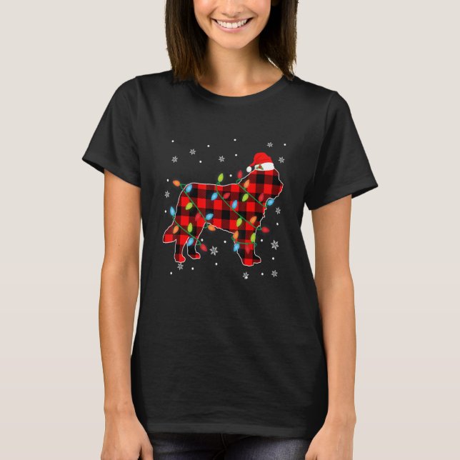 Xmas Newfoundland Dog Red Plaid Christmas Lights T-Shirt (Front)