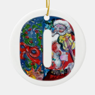 XMAS O LETTER /SANTA  CLAUS WITH VIOLIN MONOGRAM CERAMIC ORNAMENT