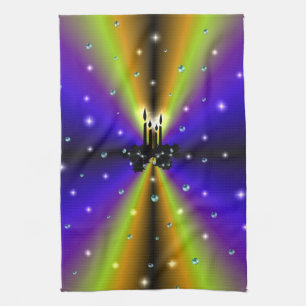 Xmas on Purple Yellow Rainbow with Pearls Tea Towel