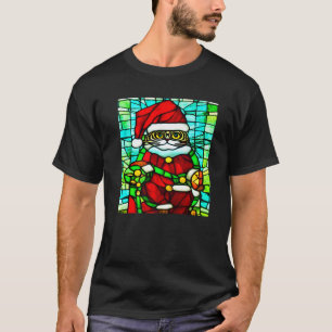 Xmas Ornate Cat Santa Claus Stained Glass Style Ae T-Shirt
