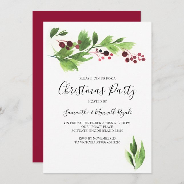 Xmas Party Invitation Template Berries & Greenery (Front/Back)
