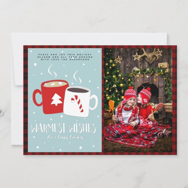 Xmas PHOTO Buffalo Plaid Modern Folk Art Hot Cocoa Card (Front)