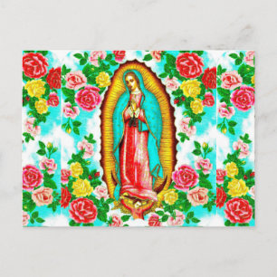 XMAS POSTCARD -ROSES & MADONNA OF GUADALUPE