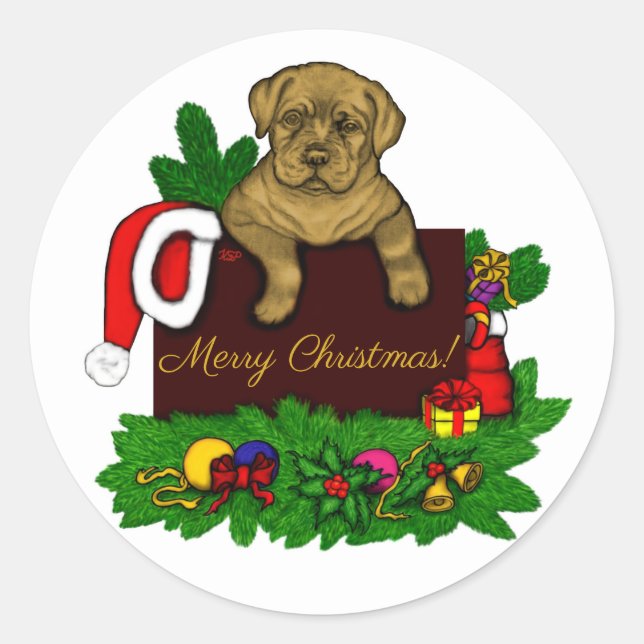 XMas Puppy Classic Round Sticker (Front)