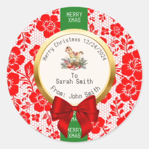 XMAS Red LACE Editable green red white Classic Round Sticker