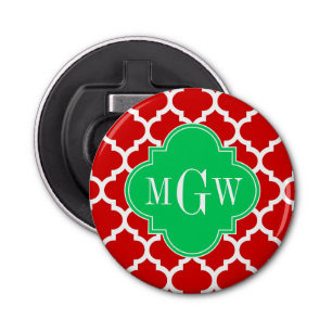 Xmas Red White Moroccan #5 Emerald Name Monogram Bottle Opener