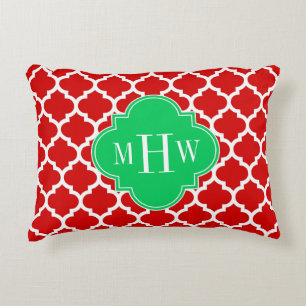 Xmas Red White Moroccan #5 Emerald Name Monogram Decorative Cushion