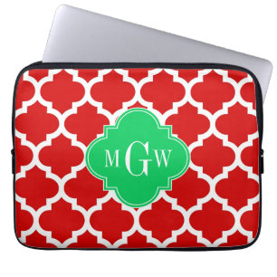 Xmas Red White Moroccan #5 Emerald Name Monogram Laptop Sleeve