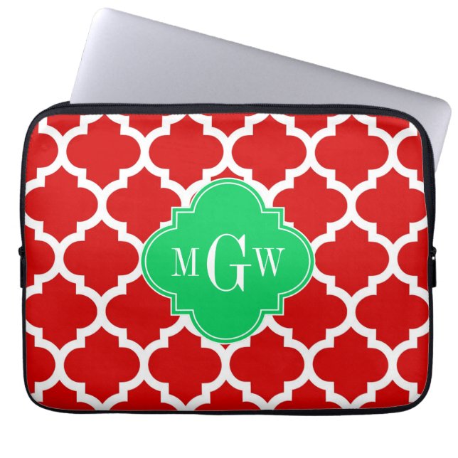 Xmas Red White Moroccan #5 Emerald Name Monogram Laptop Sleeve (Front)