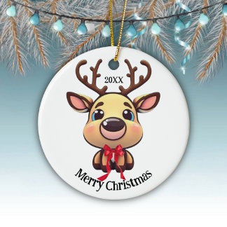 Xmas Reindeer, deer with antlers, cartoon graphic Ceramic Ornament