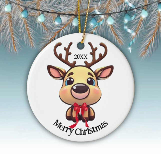 Xmas Reindeer, deer with antlers, cartoon graphic Ceramic Ornament (Customizable Baby ReinDeer Funny Fawn Doe Xmas Merry Christmas White Round Deer Ceramic Ornament🦌🎄)