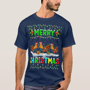 Xmas Rooster Bird Lighting Santa Hat Merry Christm T-Shirt