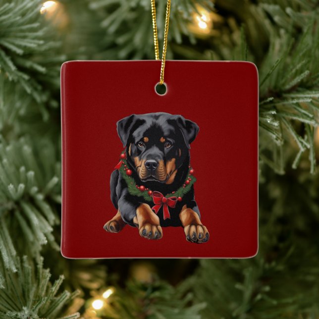Xmas Rottweiler Dog Christmas With Garland Collar Ceramic Ornament (Tree)