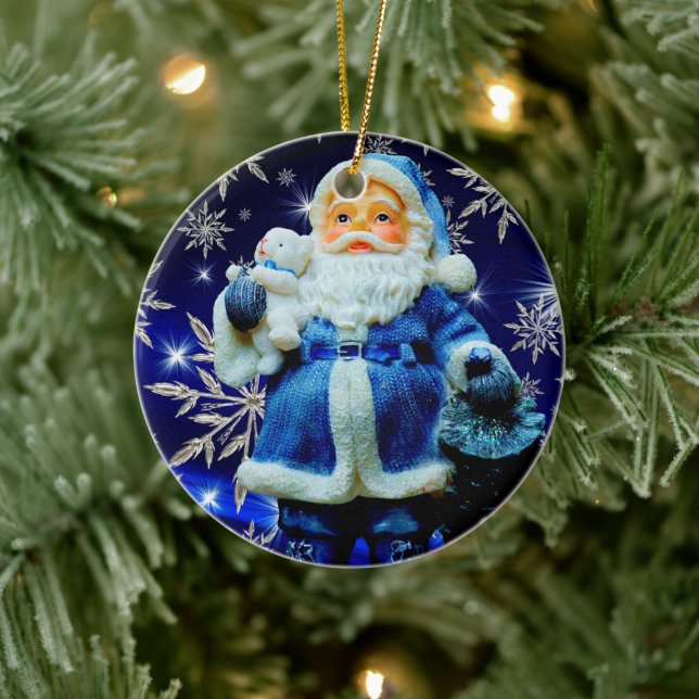 XMAS SANTA BLUE ICE CRYSTALS CERAMIC ORNAMENT (Tree)