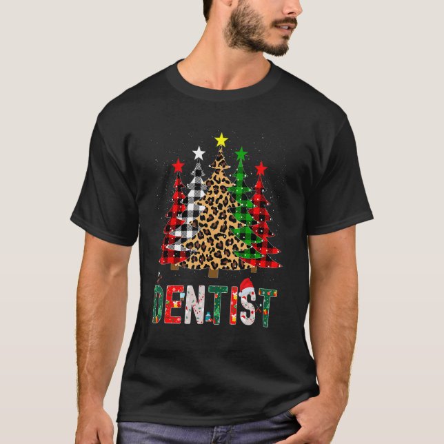 Xmas Santa Dentist Leopard Plaid Print Christmas T T-Shirt (Front)