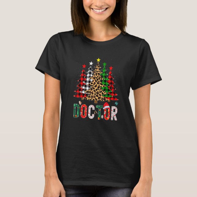 Xmas Santa Doctor Leopard Plaid Print Christmas Tr T-Shirt (Front)