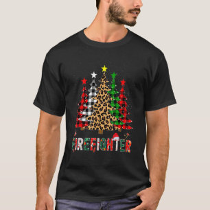 Xmas Santa Firefighter Leopard Plaid Print Christm T-Shirt
