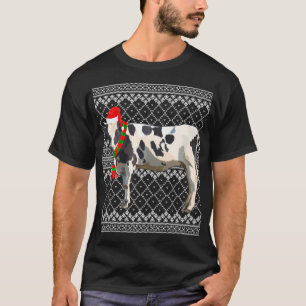 Xmas Santa Hat Black White Cow Farm Animal Ugly T-Shirt