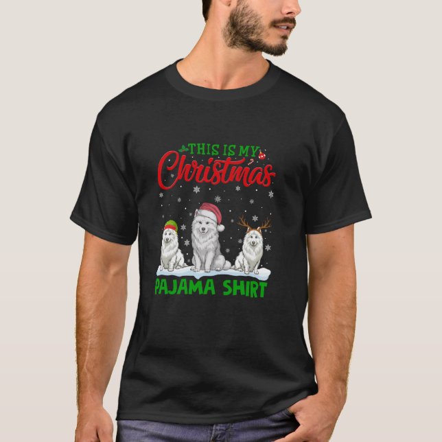 Xmas Santa Hat Reindeer Samoyed Dog Christmas Paja T-Shirt (Front)