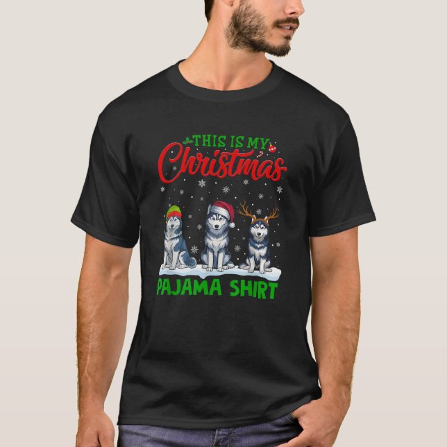 Xmas Santa Hat Reindeer Siberian Husky Dog Christm T-Shirt (Front)