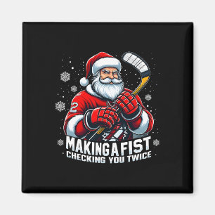 Xmas Santa Hockey Players Making A Fist Checking Y Magnet