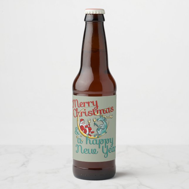 Xmas - SANTA & REINDEER - Christmas - New Year Beer Bottle Label (Front)