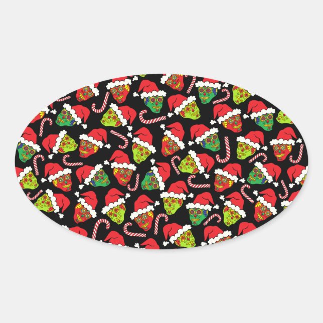Xmas Santa Sugar Skull Oval Sticker (Front)