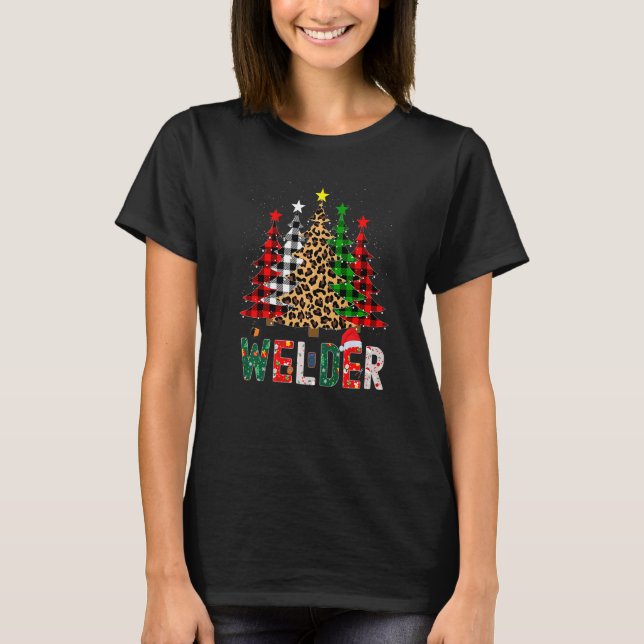 Xmas Santa Welder Leopard Plaid Print Christmas Tr T-Shirt (Front)
