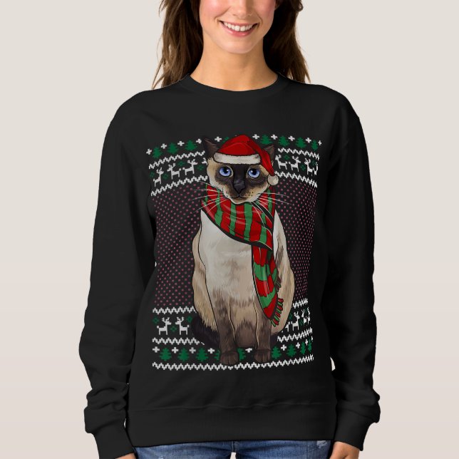 Xmas Siamese Cat Santa Hat Ugly Christmas Sweatshirt (Front)