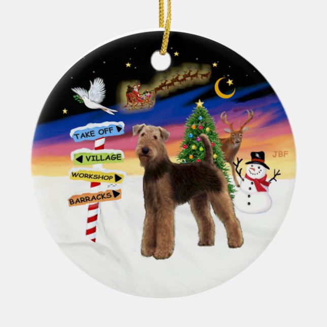 Xmas Signs - Airedale (standing) Ceramic Ornament (Front)