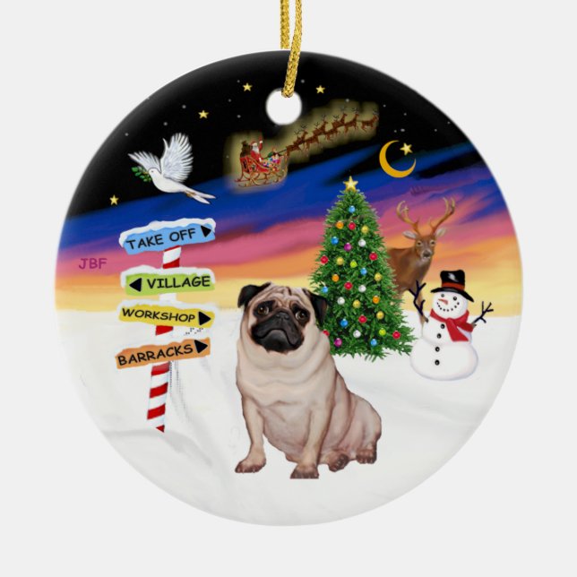 Xmas Signs - Fawn Pug #5 Ceramic Ornament (Front)