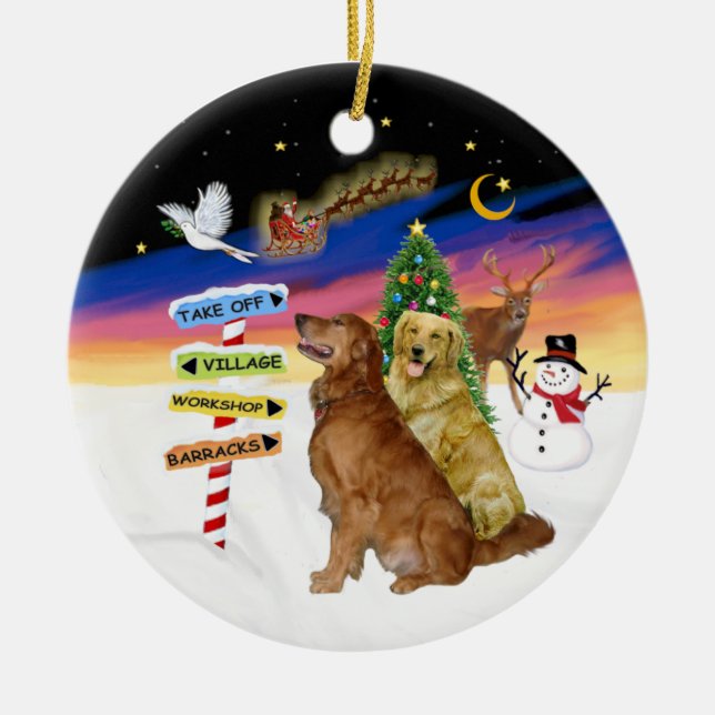 Xmas Signs - Two Golden Retrievers Ceramic Tree Decoration (Front)