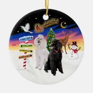 Xmas Signs - Two Standard Poodles (B+W) Ceramic Tree Decoration