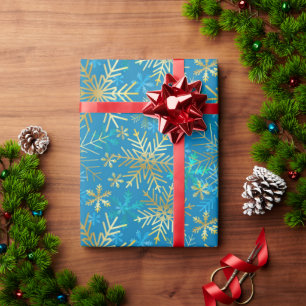 Xmas Silver Gold Blue Winter Snowflakes Wrapping Paper