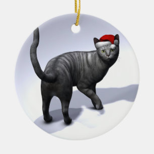 Xmas Silver Tabby Cat Ceramic Ornament
