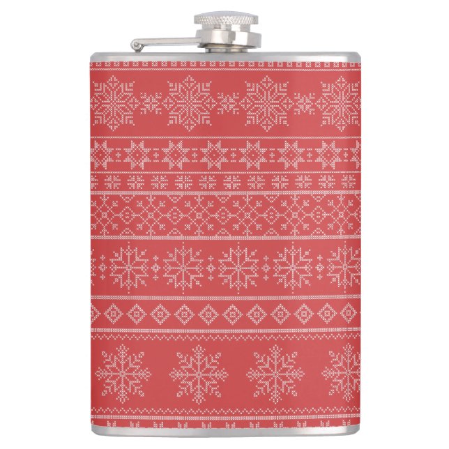Xmas snowflake ugly sweater knitwear red pattern  hip flask (Front)