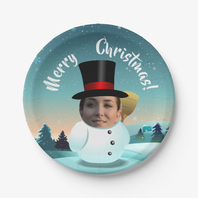 Xmas Snowman Customized With Your Face Paper Plate (Front)
